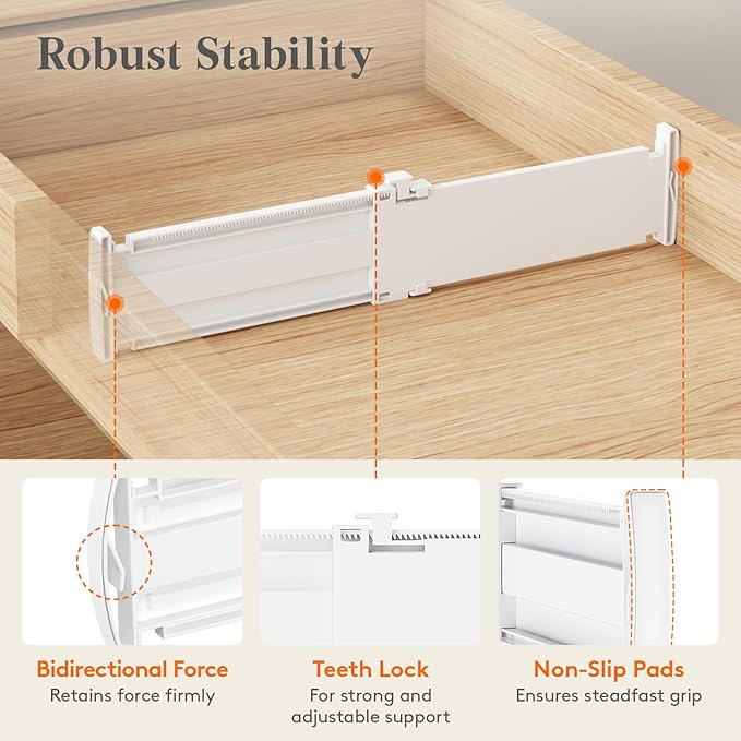 Lifewit 3.2" Tall 4 Pack Drawer Dividers, 26.5-42cm/10.2-16.5" Expandable Drawer Divider for Clothes, Adjustable Dresser Drawer Organizers, Drawers Separators for Dresser/Bathroom/Kitchen White