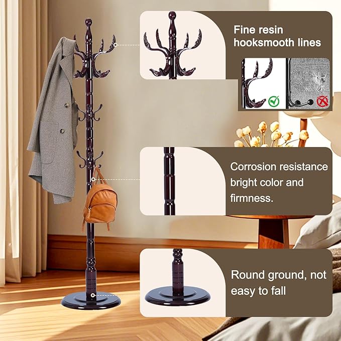 Wood Coat Rack Freestanding with 14 Hooks, 73 Inches Adjustable Height Coat Rack Stand, Vintage Hall Tree Coat Racks with Stable Round Base for Entryway, Bedroom (Solid Wood Fenghuang Gou)