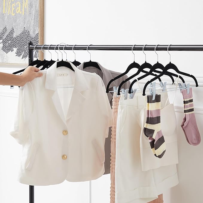 VECELO 20 Pack Velvet Clothes Hangers with Adjustable Clips,Heavy-Duty Non Slip & Space-Saving with 1 Magic Hangers & 2 Tie Rack for Suit Coat Pants Skirt Dresses