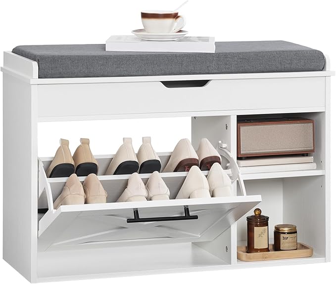 HOOBRO Shoe Storage Bench with Flip Drawer, 31.5" L Entryway Bench with Flip-Open Storage Box, Wooden Shoe Organizer with Padded Seat Cushion, Adjustable Shelf, for Hallway, WG55HX01