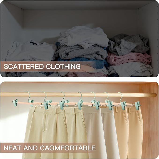 Wooden Pants Hangers with Clips 12 Pack, Heavy Duty Adjustable Clip Non Slip Skirt Hanger for Jeans, Trousers, Short, Clothes, Space Saving Closet Organizer (Green, 12 Pack)