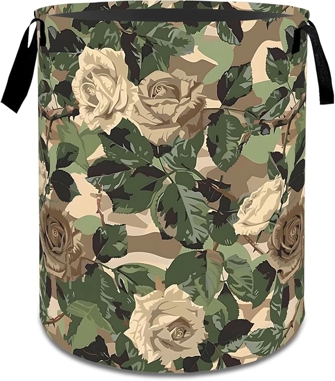Retro Camo Rose Flower Laundry Basket,Dirty Clothes Hamper,Camouflage Floral Storage Bin Gifts,Foldable Waterproof Oxford Cloth Baskets for Bathroom,Bedroom,Home Decoration(19.7" x 15.8")