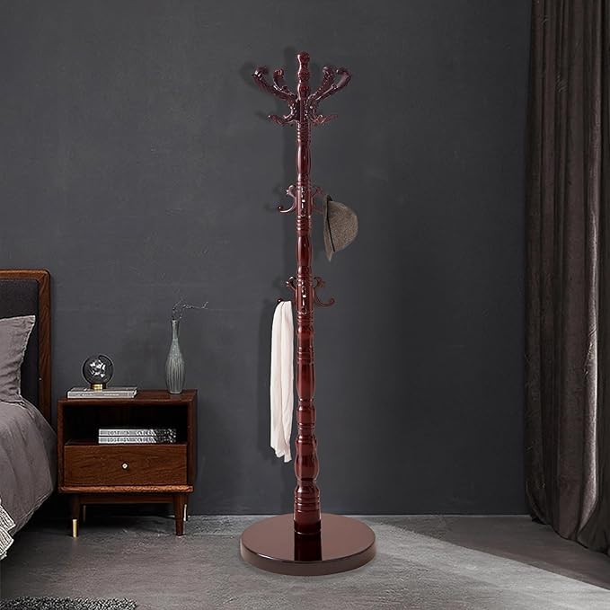 ZOZOE Wooden Classic Coat Rack Stand, Solid Wood Coat Rack Freestanding with 14 Hooks, Vintage Coat Racks with Sturdy Round Base, Natural Birch Wood Coat Tree Hanger Stand for Entryway Hallway