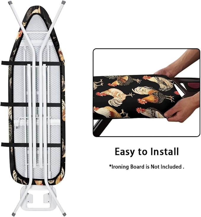 Rooster Chicken Standard Boards Ironing Pad Covers Reflects Heat Resist Staining Soft Fabric Iron Board Cover with Elastic Edge & 3 Hooks and Loops Fall Thanksgiving Decor