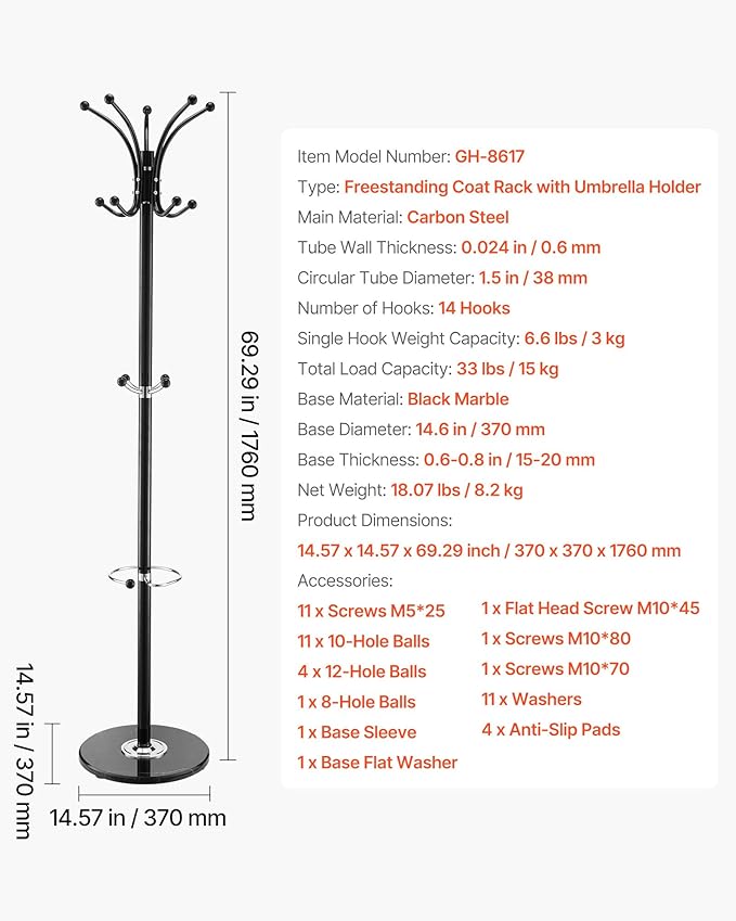 VEVOR Freestanding Coat Rack, Metal Coats Rack Stand with Umbrella Holder, Stable Marble Base & 14 Hooks, Hall Coat Tree for Entryway, Bedroom, Living Room, Stylish Coats Hanger for Hats, Scarves, Bag