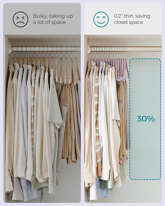 SONGMICS 30-Pack Pants Hangers, 16.7-Inch Long Velvet Hangers with Adjustable Clips, Heavy-Duty, Non-Slip Skirt Hangers, Space-Saving for Pants, Skirts, Coats, Dresses, Pale Purple UCRF012GP30
