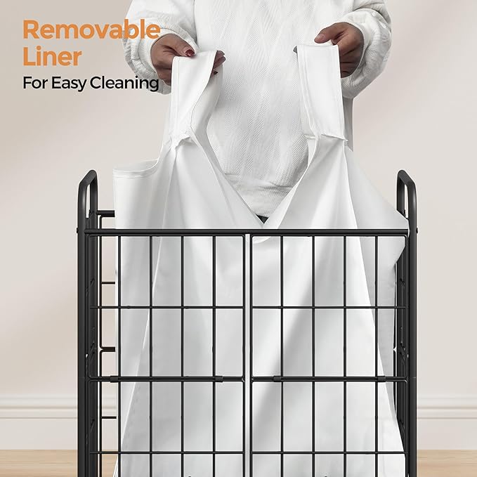 2 Section Laundry Hamper with Wheels and Brake, 100L Laundry Sorter Cart with 2 Removable Machine Washable Liner Bags, Metal Handle, Rolling Laundry Basket with Lid for Bedroom Laundry Room