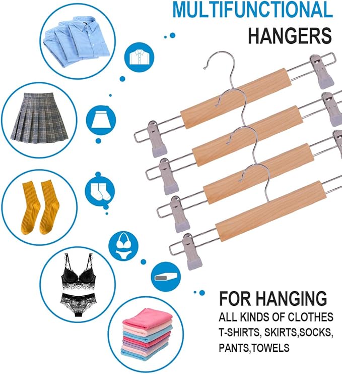 ELONG HOME Wooden Pants Hangers 12Packs, Skirt Hangers with Adjustable Clips, Non Slip Wood Clothes Hangers with Clips, Space Saving Hangers for Pants Skirts Trousers Slacks Jeans