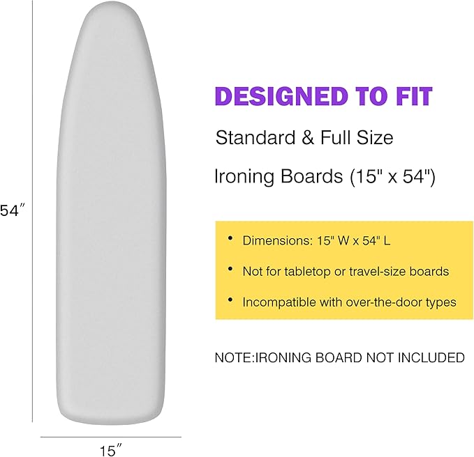 Ironing Board Cover and Pad 15x54 Standard Size,Extra Thick Cotton Iron Board Cover with Padding, Silicone Coated Scorch Resistant, Elastic Edge with Hook & Loop Strap, Heatproof Silver