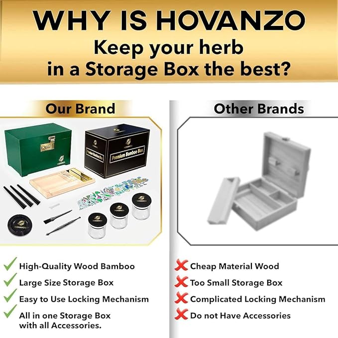 HOVANZO Premium Large Bamboo Storage Box with Removable Tray - Storage Wood Box for Herbs and Accessories - Storage Box Set with Combination Lock - Smell Proof Container with Accessories