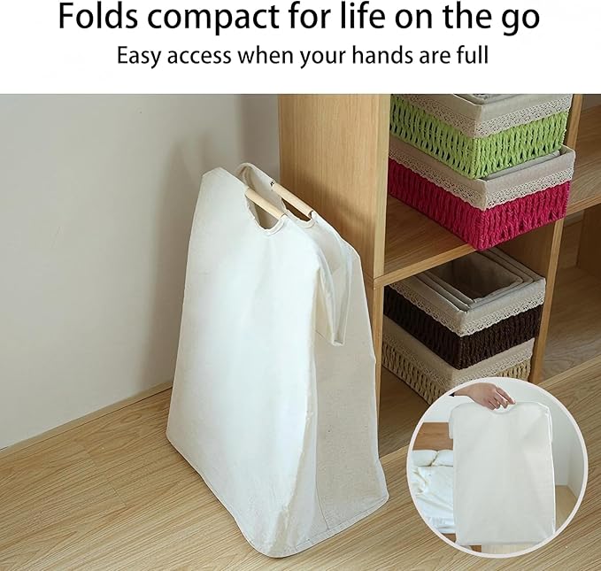 Collapsible Laundry Hamper Bag with Wooden Handles - 72L/19 Gallon Large Capacity Waterproof Oxford Cloth Storage Basket, Freestanding No Wire Frame, for Dorm Room, Bedroom, Bathroom (Max)