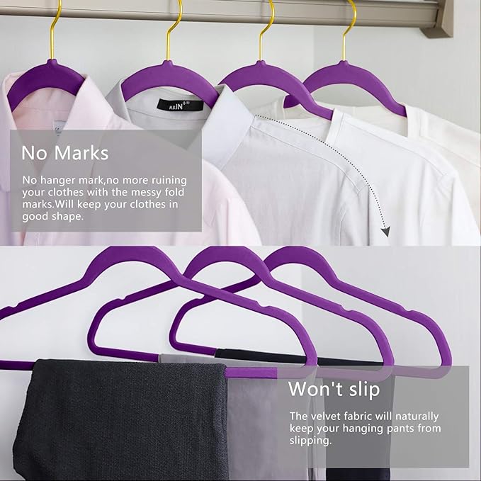 MIZGI Premium Velvet Hangers Pack 50 Pcs Heavyduty - Non Slip Slimline - Velvet Suit Hangers Dark Purple - Gold Hooks,Space Saving Clothes Hanger