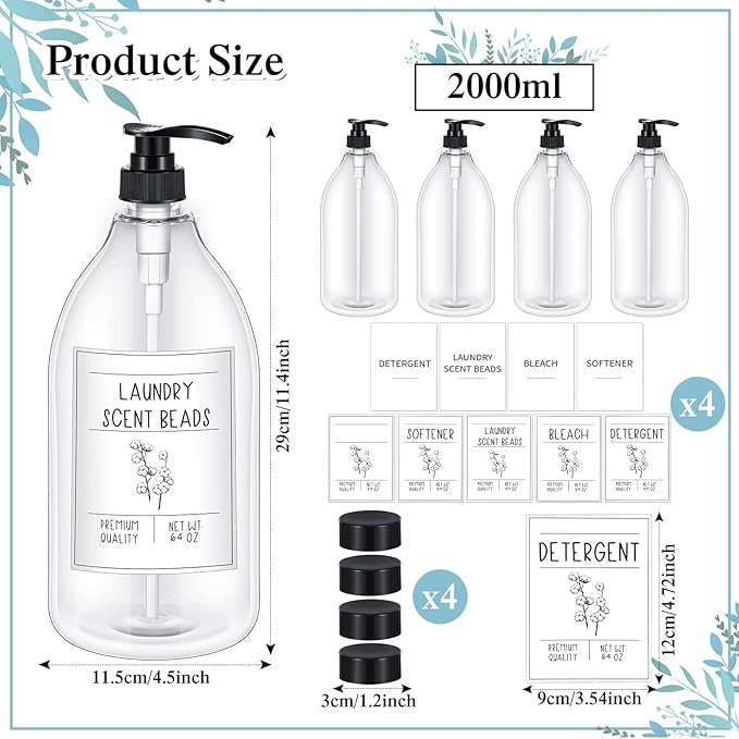 Nuenen Laundry Detergent Dispenser for Fabric Plastic Pump Laundry Soap Detergent Dispenser with Lids and 36 Labels for Farmhouse Decor, White 64oz Set of 4(Black)