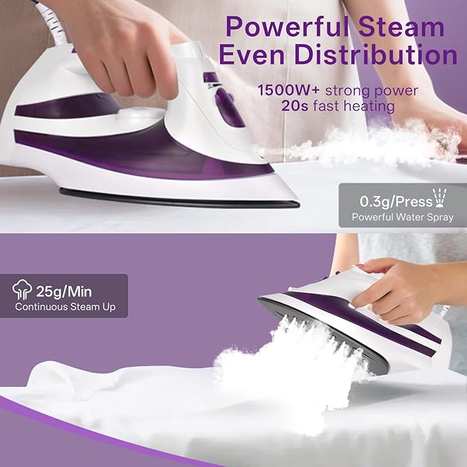 MARTISAN Steam Iron, New Version, Mini Steamer, Powerful Steam, Anti-Calc, Anti-drip, Self-Cleaning, Smooth Non-stick Soleplate, Variable Temperature, Steam Burst, Purple