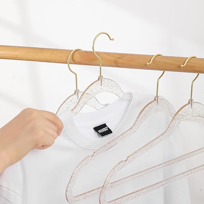 Clear Acrylic Plastic Hangers for Clothes for Adult Closet Heavy Duty Hangers Space Saving 360 Degree Swivel Hook and Notches (50, Gold/Gold Glitter)