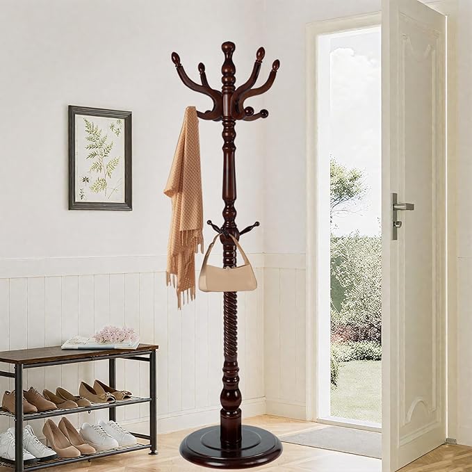 Wooden coat rack stand, Heavy duty coat racks tree freestanding with 11 Hooks and Sturdy Round Base, Coat tree for jacket,Hats, Bags, Purses, clothes (Round base-Dark brown)