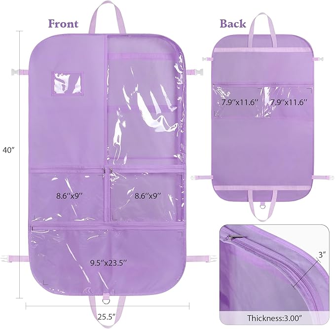 Univivi Purple Dance Costume Bags Garment Bag 40 Inch for Dance Competitions, 3 Medium Clear Zipper Pockets and 2 Back Zippered Pockets, with 1 xPendant, 3 x Badge