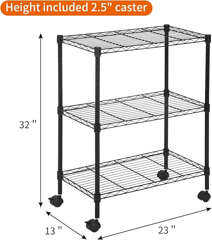 3 Tier Rolling Storage Cart with Wheels and Leveling Feet, Adjustable Wire Shelving Rack, Heavy Duty 450LBS Capacity, Metal Shelf Organizer for Kitchen, Bathroom, Laundry, Office, 23"L x 13"W x 31.3"H
