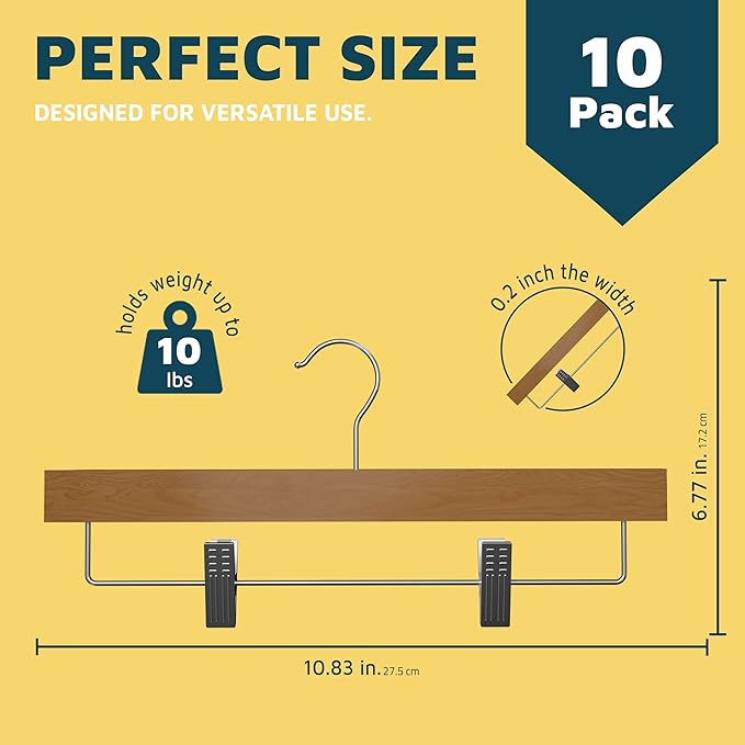 Natural Color Wooden Pants Hangers 10 Pack, Lotus Wood Hanger with Adjustable Non-Slip Clips, Heavy Duty 10 lb Capacity, 360° Swivel Hook, Slim, Space-Saving Design for Slacks, Jeans, Skirts
