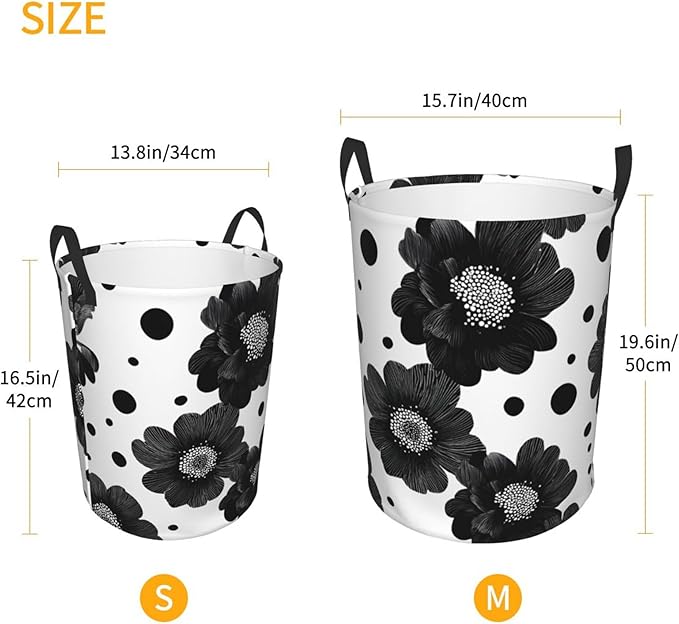 Black Floral Laundry Hamper, Collapsible Storage Basket with Handles for Clothes, Bedroom, Bathroom 19.6 x15.7 Inch