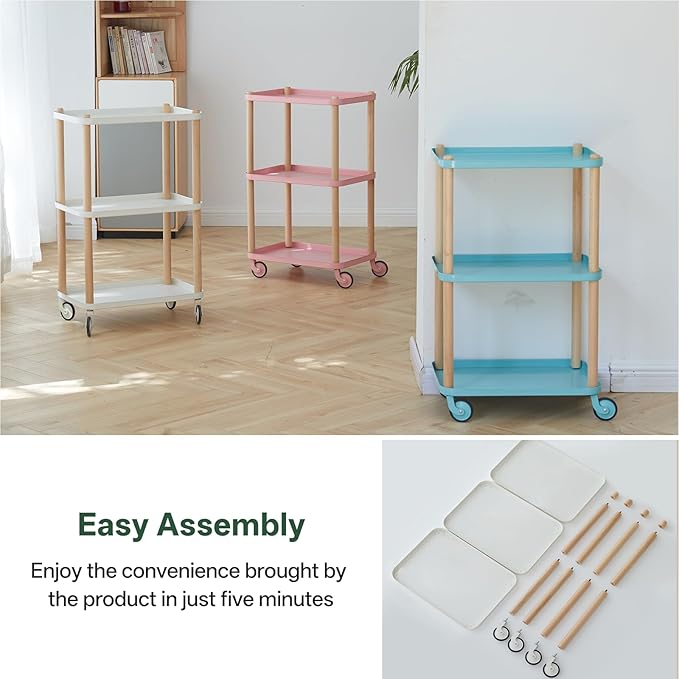Rolling Storage Cart, 3 Tier Bathroom Organizer Mobile Shelving Unit, Metal Utility Cart Tower Rack with Beech Wood Frame for Kitchen Laundry Narrow Places(13.77"D x 19.68"W x 32.08"H, Blue)