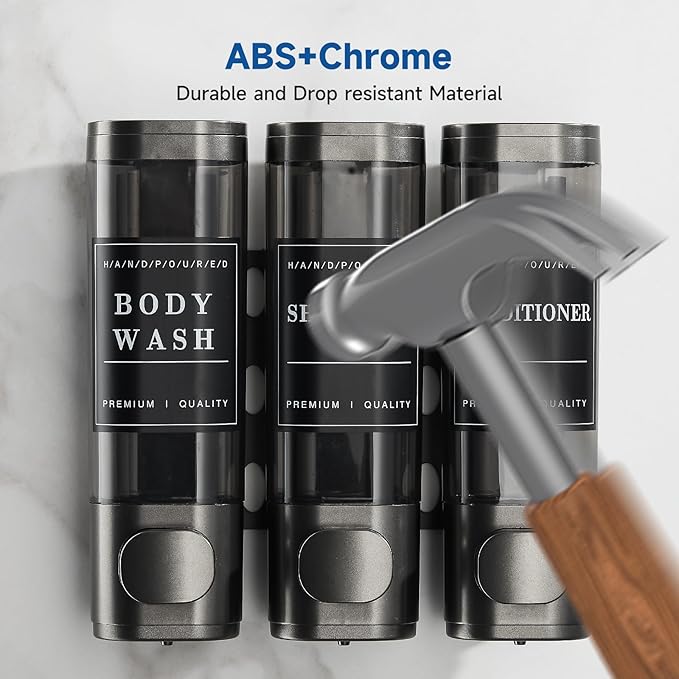 Shampoo and Conditioner Dispenser,Shower Dispenser 3 Chamber No Drill Wall-Mounted Shampoo Dispenser for Shower Wall Mounted Shower Soap Dispenser for Bathroom Hotel 3X300ML,Gun Grey