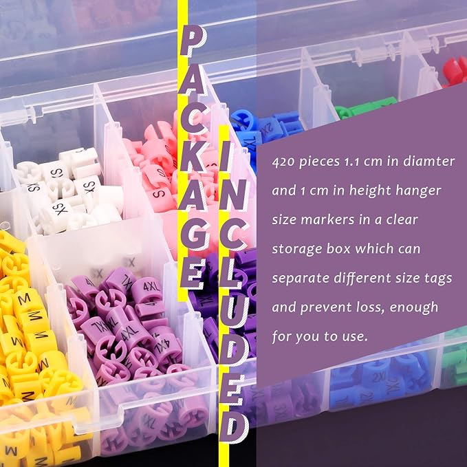 Swpeet 420 Pcs Plastic Hanger Size Markers Assortment Kit, XXS - 4XL Color-Coding Sizes Tags Marker for Wire Hangers with Storage Box