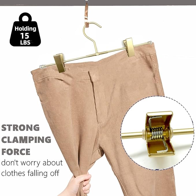 11.8" Gold Matt Aluminium Metal Bottom Clips Pants Trousers Clothes Hangers,10 Pack Heavy Duty Space Saving Durable Adjustable Clips Legging Organizer,Toddler Infant Hangers Shirts Newborn
