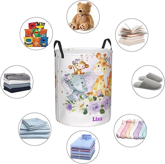 Purple Flower Animals Personalized Laundry Hamper Custom with Name Collapsible Waterproof Storage Basket with Handles for Bedroom Decor Gift.