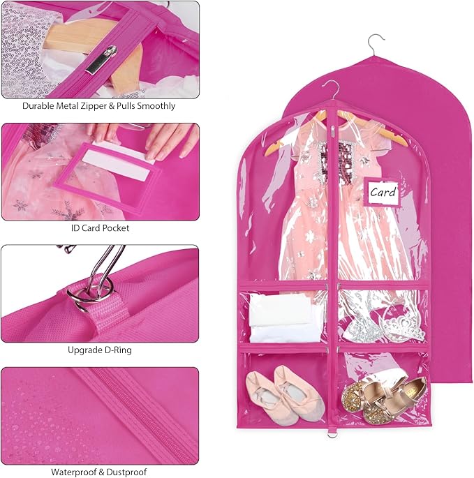 Syeeiex 3" Gusseted Dance Costume Garment Bag(2 Pack), 40'' Dance Garment Bags for Dancers with 4 Zipper Pocket & Can Hold 1-3 Dance Costumes - Suitable for Dance Competitions,Ballet(Rose Red)