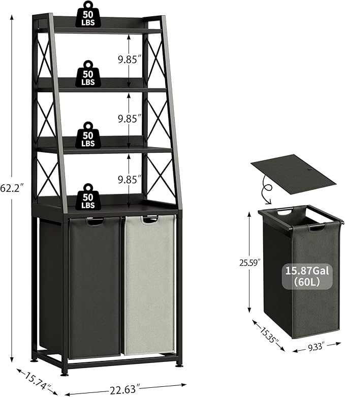 Laundry Basket, 2 Section Laundry Hamper with 4 Tiers Shelf, Pull-Out and Removable Laundry Bags, Large 2 x 15.87 Gallons, for Bedroom Bathroom Black PF11XLK