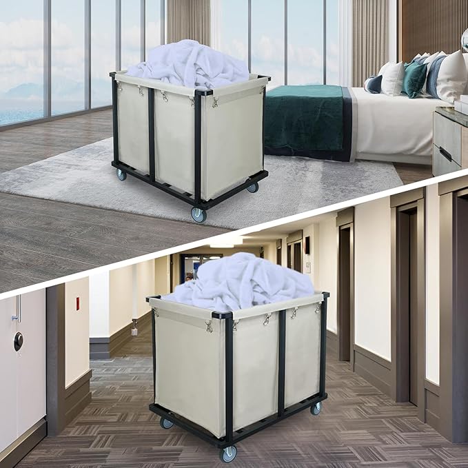 Commercial Laundry Cart with Wheels,600 lbs Heavy Duty Laundry Cart with Steel Frame and Oxford Cloth Bag,Industrial Laundry Cart with Wheels for Hotel,Housekeeping,400L(Beige)