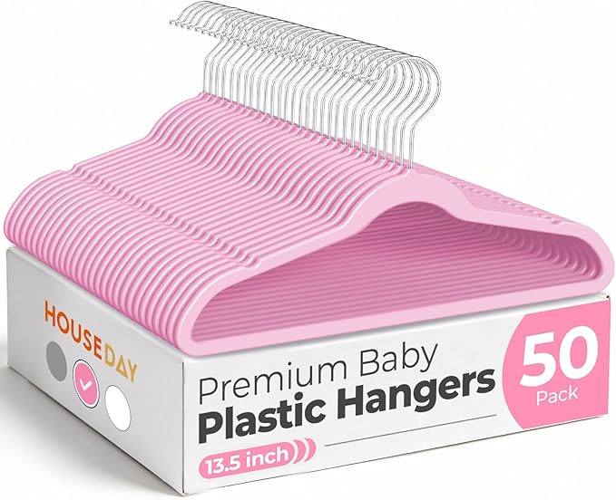 HOUSE DAY 13.5 Inch Kids Hangers 50 Pack - Premium ABS Plastic Clothes Hangers for Kids, Children, Preteens - Space Saving Thin Profile, Strong & Durable Hangers with 360° Swivel Hook - Pink