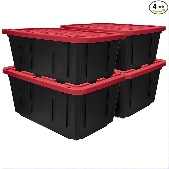 4-Pack 27 Gallon Heavy Duty Storage Bins Durable Polypropylene Plastic with Snap Lock Lids Stackable Large Capacity Organizers Garage Basement Multi-Purpose Storage Containers Black and Red