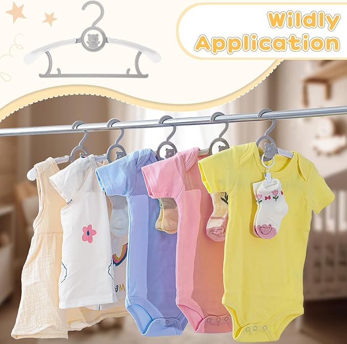 Hsei 30 Pcs Nursery Baby Hangers with 30 Pcs Ring Clips, Adjustable Baby Hangers with Clips, 10-13" Adjustable Children Hanger for Newborn Infant Socks Pants Closet Shirts