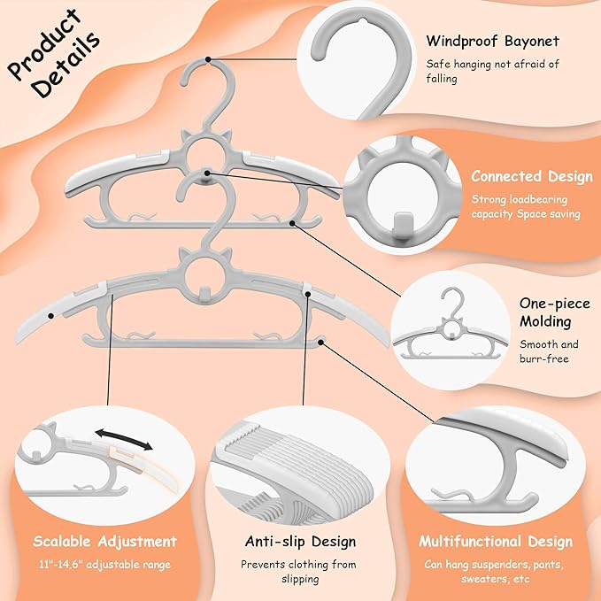 Baby Hangers for Nursery Closet, Infant Hangers Extendable and Non-Slip for Newborn Toddler Kids Clothes,11"-14.6" Adjustable Children Coat Pant Hanger for Girl and Boy Nursery Must Have (40pcs Grey)