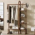 Solid Wood Clothing Rack with 4 Shelves Storage and 5 Wooden Hooks Clothes Rack,Multi-functional Coat Rack for Clothes, Shoes, Bags, Coat rack for Bedroom Entryway Living Room Hotel,Walnut