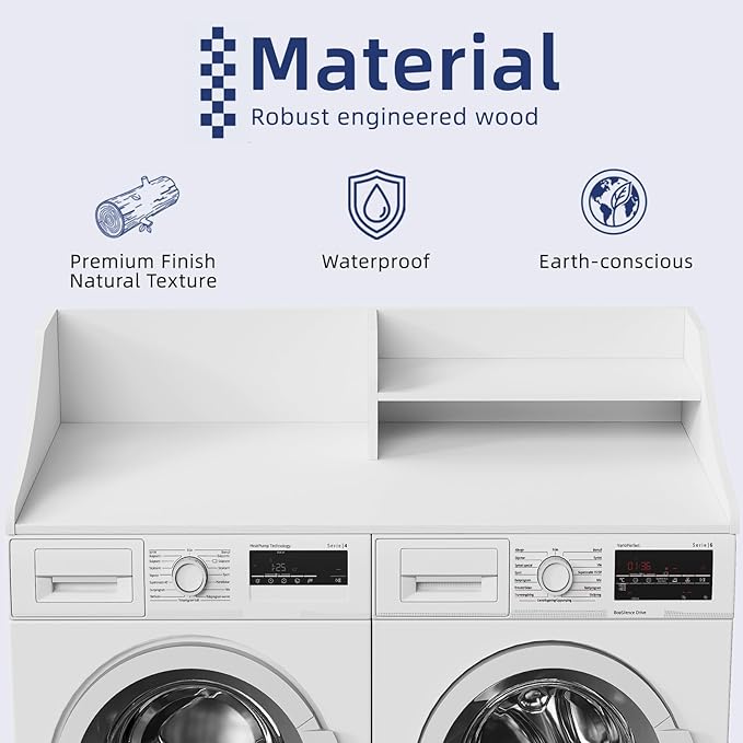 2 Tiers Washer Dryer Countertop, 54" Width x 27.5" Depth Laundry Countertop Organization, Wooden Washer and Dryer Topper for Folding, Sorting & Ironing, Easy to Install, White