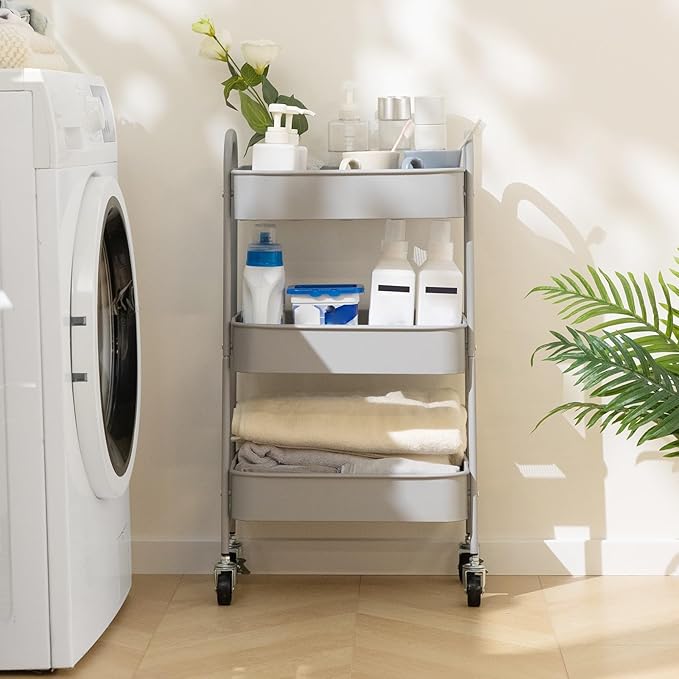 AGTEK 3 Tier Utility Rolling Cart with Lockable Wheels, Metal Multifunctional Storage, Organizer Cart for Kitchen, Office, Living Room, Makeup, Craft, Art Studio, Grey