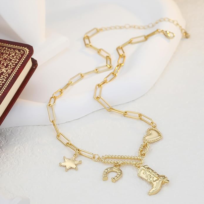 Chunky Gold Necklace for Women Gold Evil Eye Cowboy Pendant Necklace Dainty Paperclip Chain Vintage Luck Amulet Choker Necklaces Celestial Jewelry Gift