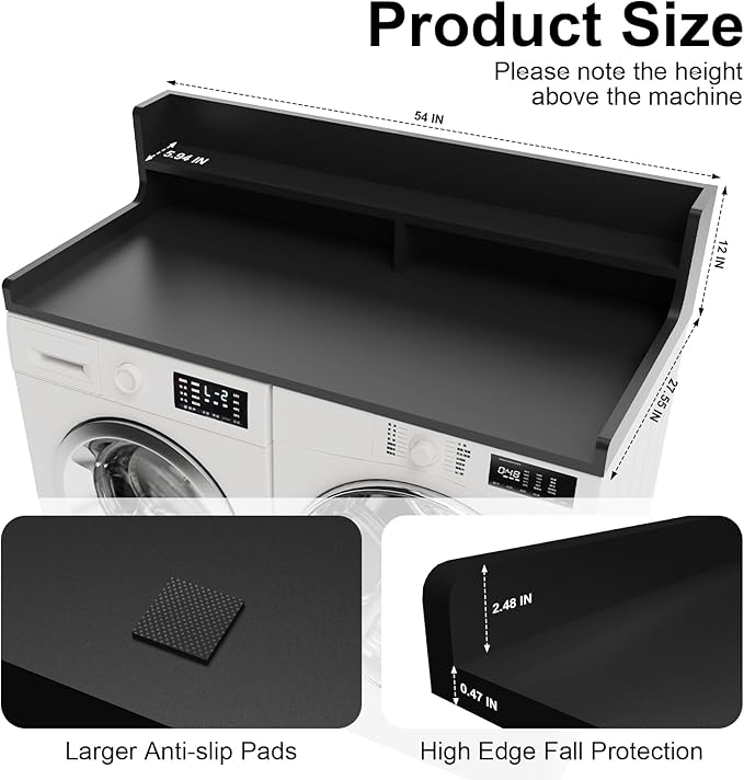2-Tier Washer Dryer Countertop 54" x 27.55" Washer Dryer Topper for Laundry Room Organization, Large Countertop Cover with Non-Slip Pad Black