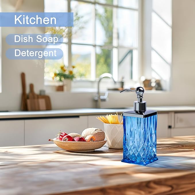 10Oz Blue Glass Soap Dispenser with Silver Pump,Lead-Free Thick-Cut Glass,Countertop Soap Dispensers for Bathroom & Kitchen,Square