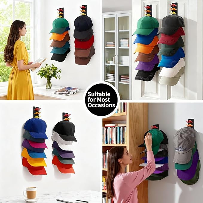 2-Pack Wall Hat Rack, No Drill Damage-Free Organizer with Spring-Loaded Clips, Strong Adhesive & Screw Installation, Easy to Install Space-Saving Holder for Door Closet Entryway, Holds 20 Hats Tidy