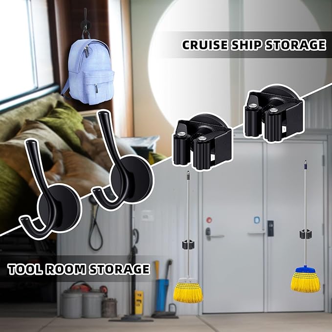 4 Pcs Magnetic Double Hooks Magnetic Coat Hooks Magnetic Mop Broom Holder Movable Magnetic Broom Holder Rack for Garage Kitchen Laundry Garden
