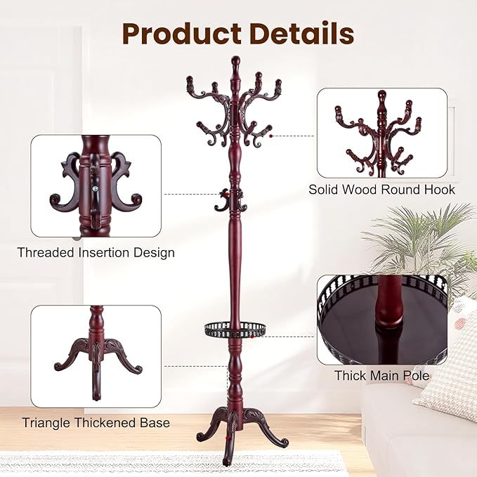 Freestanding Coat Rack with 11 Hooks, Sturdy Wooden Hall Tree for Entryway, Heavy-Duty Tri-Legged Base for Hats, Jackets, Bags, Easy Assembly for Bedroom, Hallway, Office