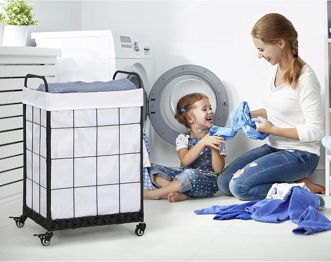 Heavy Duty Laundry Hamper with Lockable Rolling Wheels – Durable, Collapsible Laundry Basket Featuring Removable Liner Bag & Metal Handle (White)