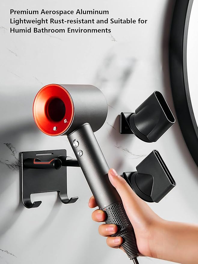 Hair Dryer Holder Stainless Steel Chromed (Black with Hooks)