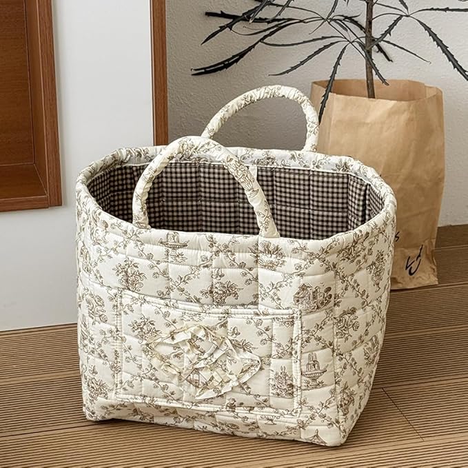 Quilted Fabric Basket Car Storage Basket Boho Floral Laundry Hamper for Nursery Bedroom & Living Room | Organize Clothes Toys