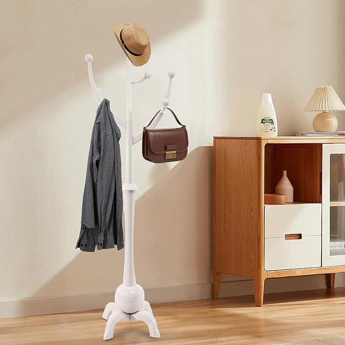 Coat Tree Freestanding Wood Tree Rack, Heavy Duty Creative Design Tree Branch-look Coat Rack Stand with 8 Hooks and Stable Sphere Base for Entryway, Hallway, Bedroom-Load 110lbs (White)
