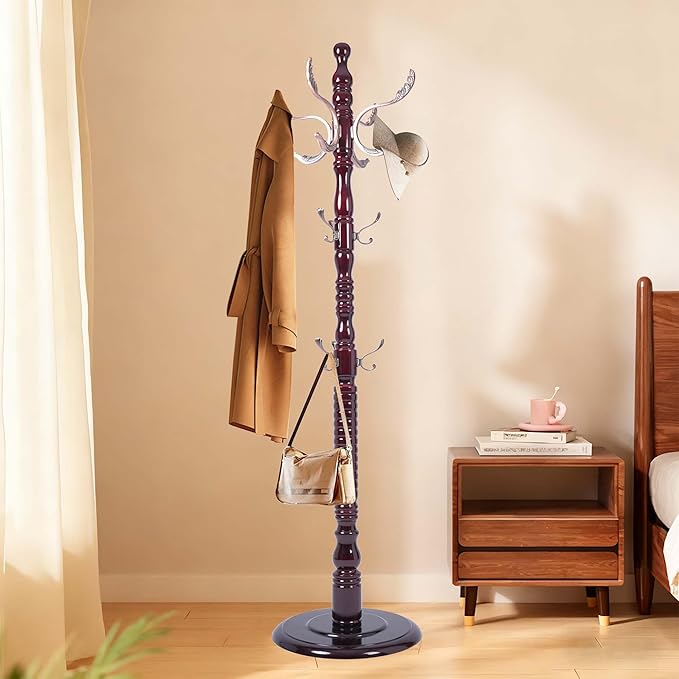 Wooden Coat Rack Freestanding with Metal Hooks, Coat Hanger Stand Coat Tree with Adjustable Height 47’’-72.8’’, Modern Coat Rack for Entrance, Office, Living Room, Bedroom, Corridor